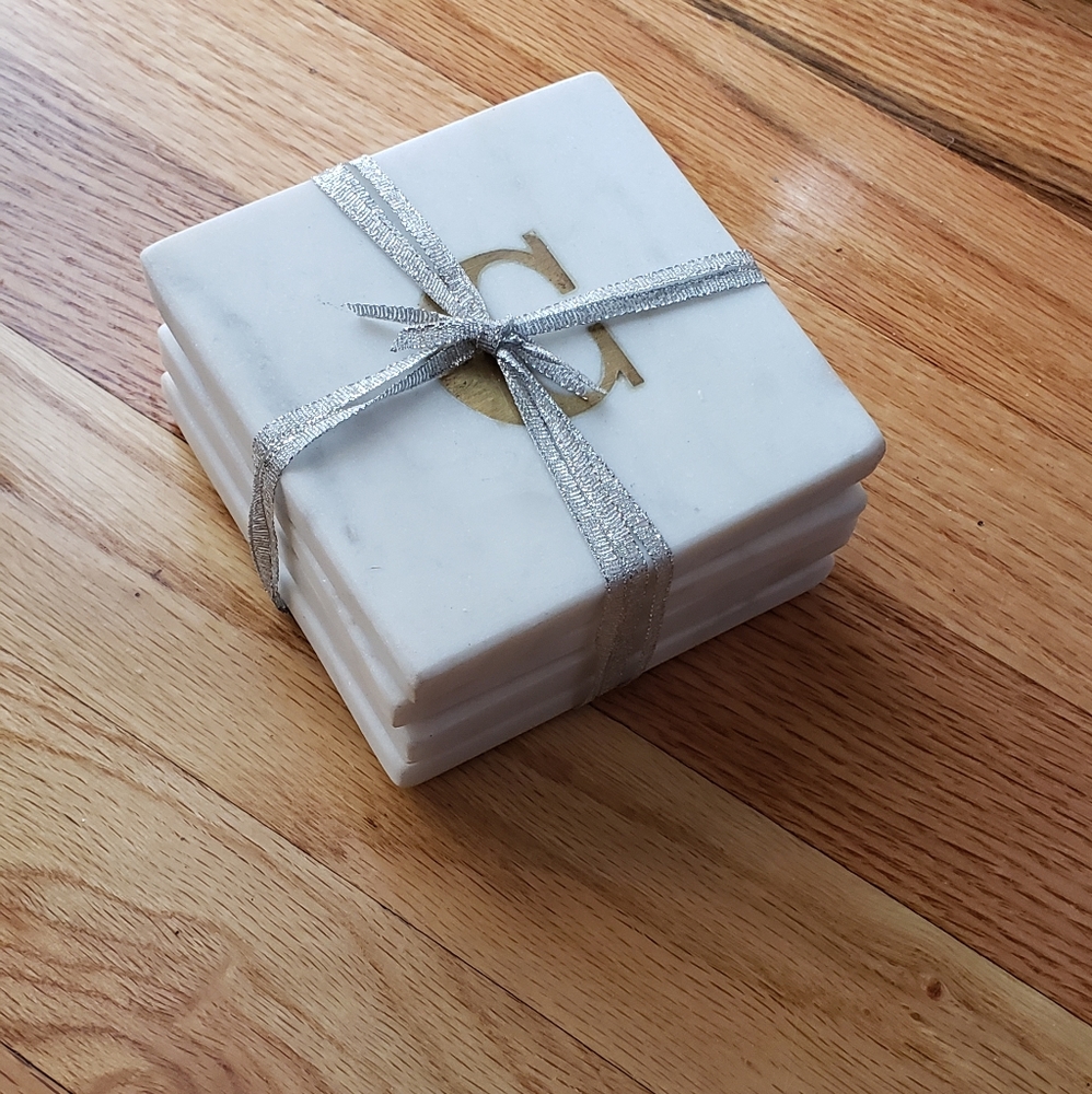 *N4Sale*4 WHITE/GRAY MARBLED/GRANITE STONE COASTERS.EMBOSSED w/ Gold Letter C's!